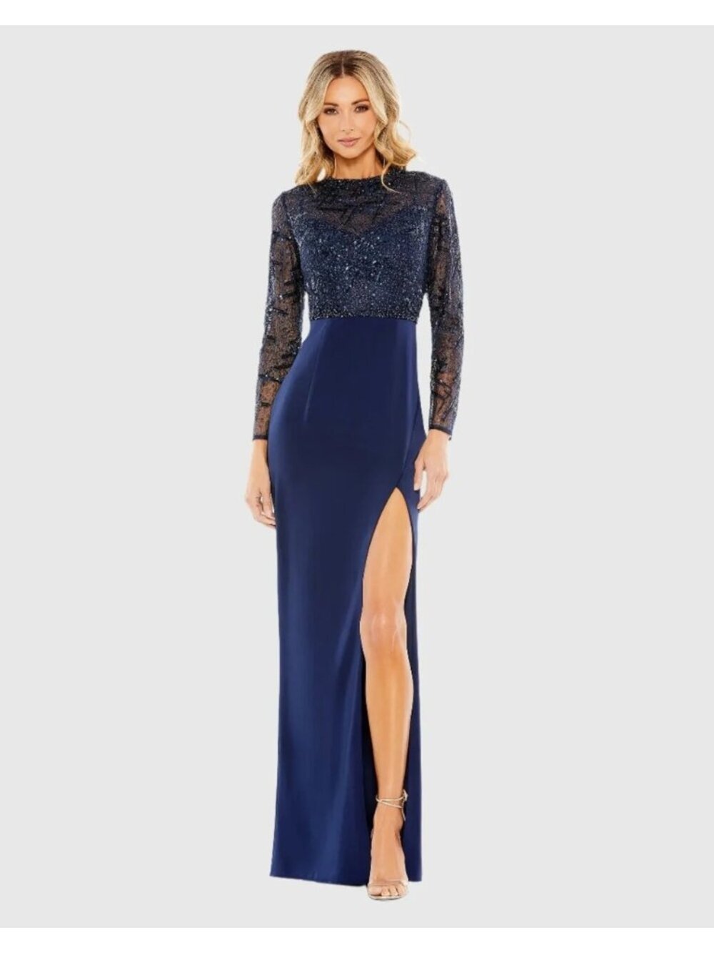 NWT Mac Duggal Size 10 Evening Gown Navy Embellished Thigh High Faux Wrap Formal
